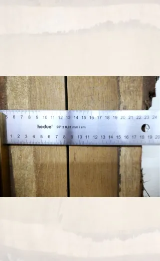Detailaufnahme der Eichen-Baumkanten: Die ca. 11 cm breite Schnittfläche und die charakteristische Holzmaserung der Eiche werden hier auf der Rückseite sichtbar.