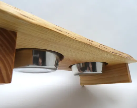 Futterbar, Holz Douglasie, Edelstahl Doppelnapf, für Katzen und kleine Hunde