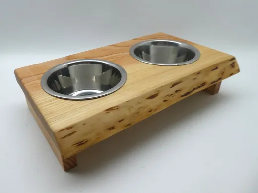 Futterbar, Holz Douglasie, Edelstahl Doppelnapf, für Katzen und kleine Hunde